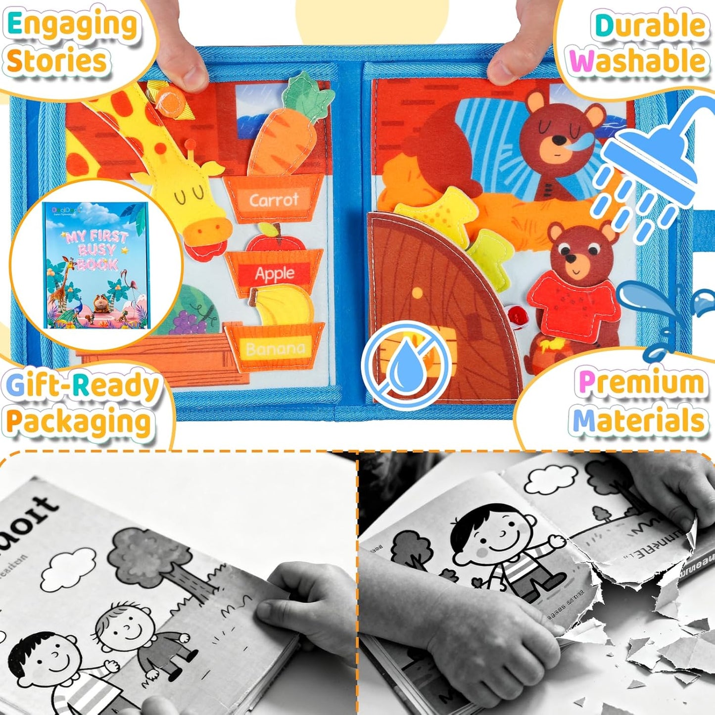 DEGIDEGI Montessori Busy Book for Toddlers, Educational Sensory Activity Book with Life Skills Training, Quiet Travel Toy for Car and Airplane, Christmas Birthday Gift (Deep Blue)