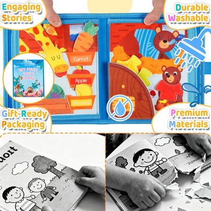 DEGIDEGI Montessori Busy Book for Toddlers, Educational Sensory Activity Book with Life Skills Training, Quiet Travel Toy for Car and Airplane, Christmas Birthday Gift (Deep Blue)