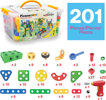 PicassoTiles 152pc STEM Construction Toy Building Set for Kids Ages 3+ Includes Power Drill, Ratchet, Idea Book, Storage Box Educational Engineering Science Kit & Sensory Toys for Boys & Girls PTN152