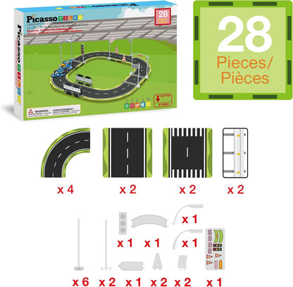 PicassoTiles Magnetic Tiles Race Track Car Thrilling Toy Playset Includes 2 Racing Trucks STEM Educational Magnet Tile Building Block Construction Set for Toddlers Boys Girls Ages 3 and Older PTR30