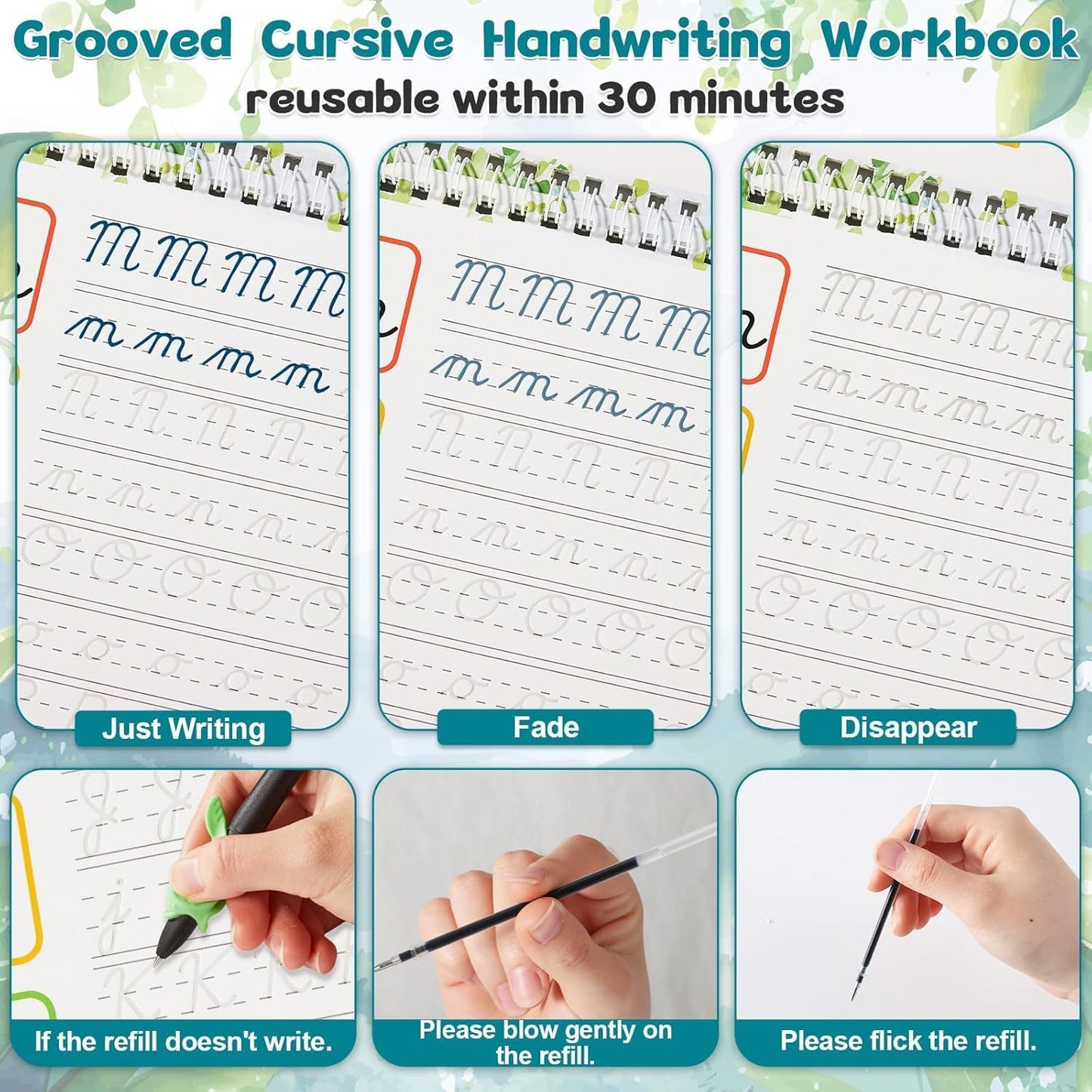 gisgfim Grooved Cursive Handwriting Workbook Magic Reusable Grooved Cursive Handwriting Practice Guided Tracing with Disappearing Ink Pens for Beginners Kids Learning Activities Supplies (Sentence)