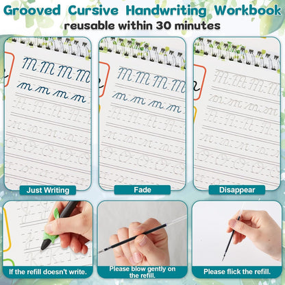 gisgfim Grooved Cursive Handwriting Workbook Magic Reusable Grooved Cursive Handwriting Practice Guided Tracing with Disappearing Ink Pens for Beginners Kids Learning Activities Supplies (Sentence)