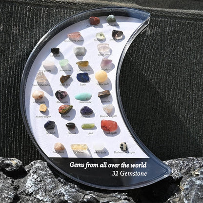 Rock Crystal Collection Box Crescent Moon Shaped, 32 Types Mineral Rock Collection Kit, For Kids Nature Science Education, Enhance Parent Child Interaction, 3.14x5.9in