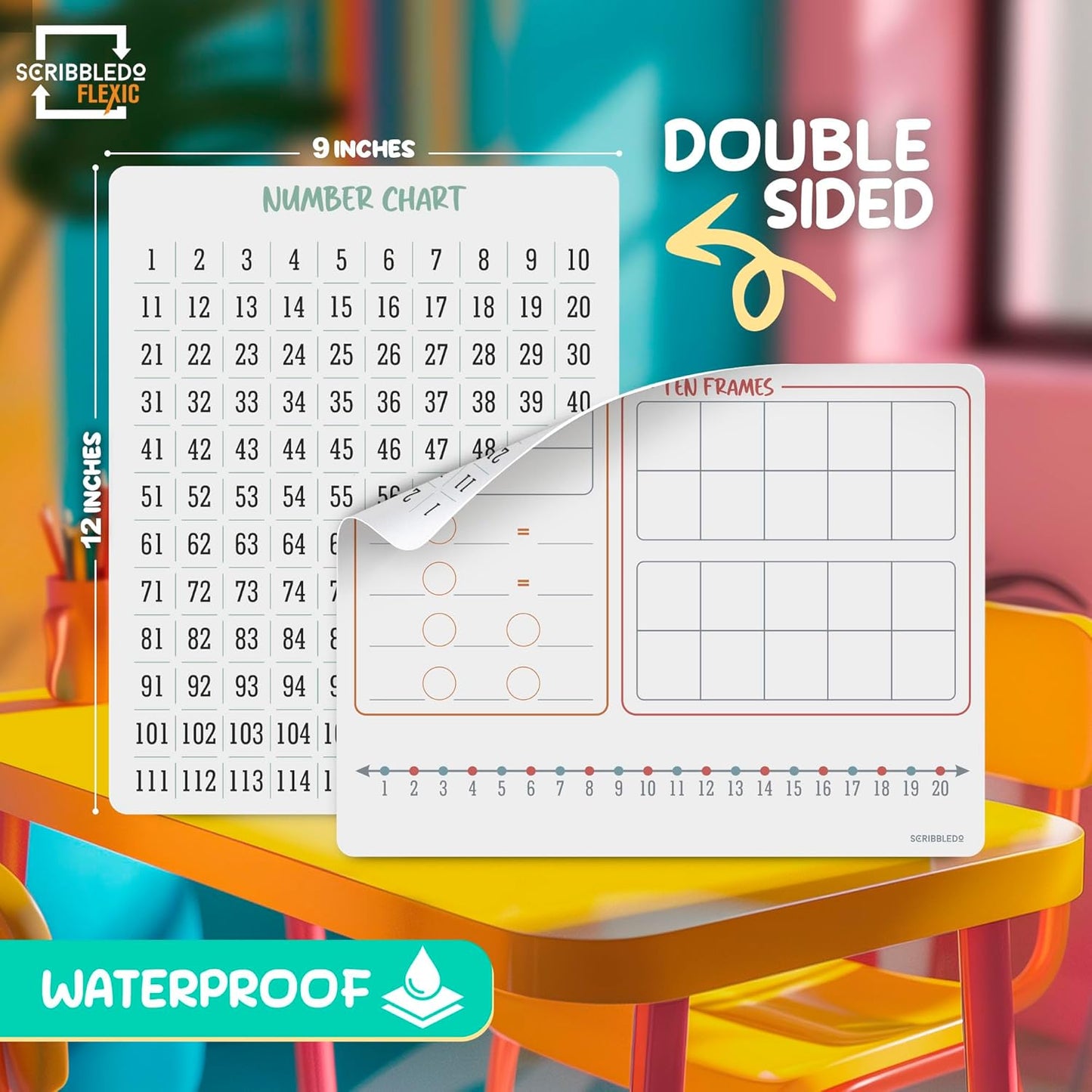 SCRIBBLEDO Bar Model 9”x12” Small White Board Dry Erase Sheets Math Manipulatives Number Chart Ten Frame Number Line Math Supplies Teacher Students Classroom Pack of 10 Sheets