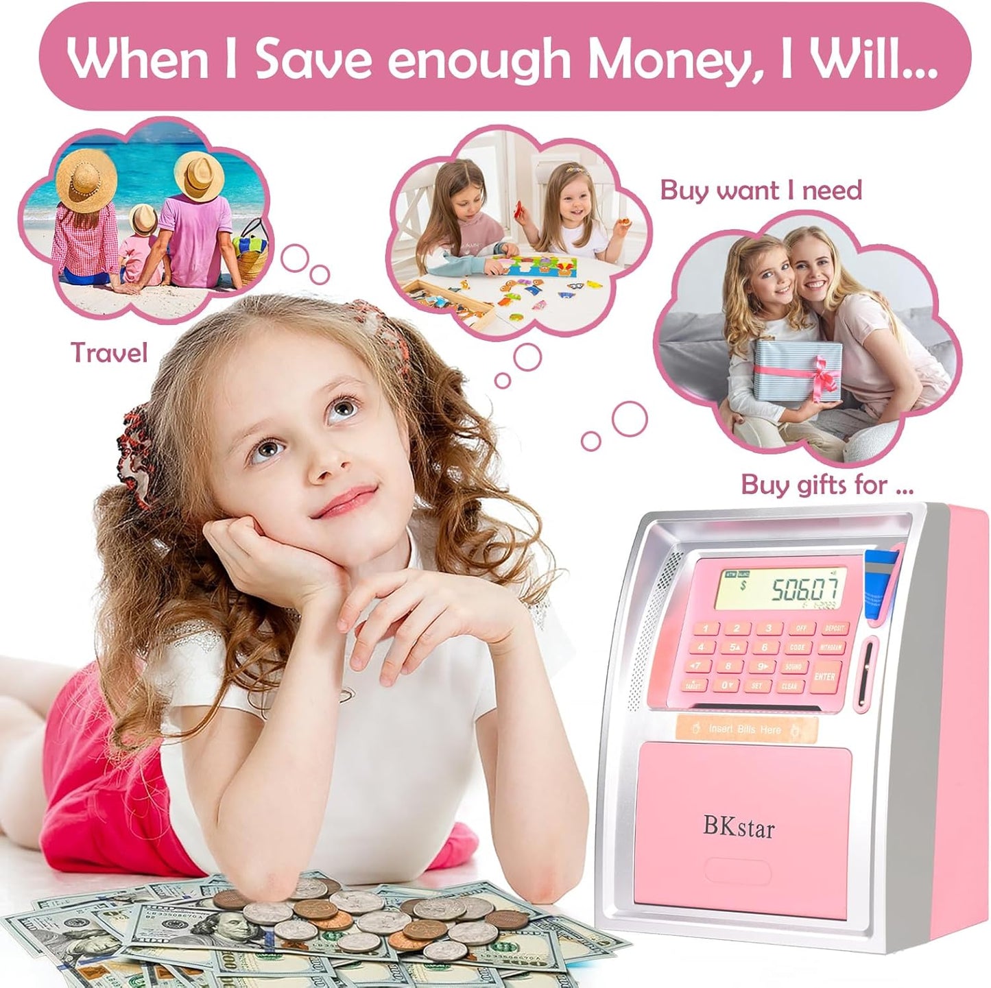 BKstar Kids Talking ATM Piggy Bank for Real Money with Dual Debit Cards, Power-Off Memory, Auto-Opening Drawer, Onekey Shutdown, Bill Feeder, Coin Recognition, Balance Calculator Machine