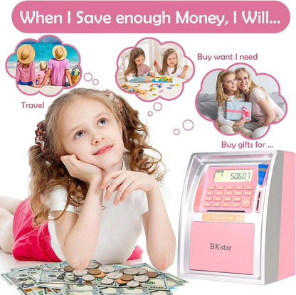 BKstar Kids Talking ATM Piggy Bank for Real Money with Dual Debit Cards, Power-Off Memory, Auto-Opening Drawer, Onekey Shutdown, Bill Feeder, Coin Recognition, Balance Calculator Machine