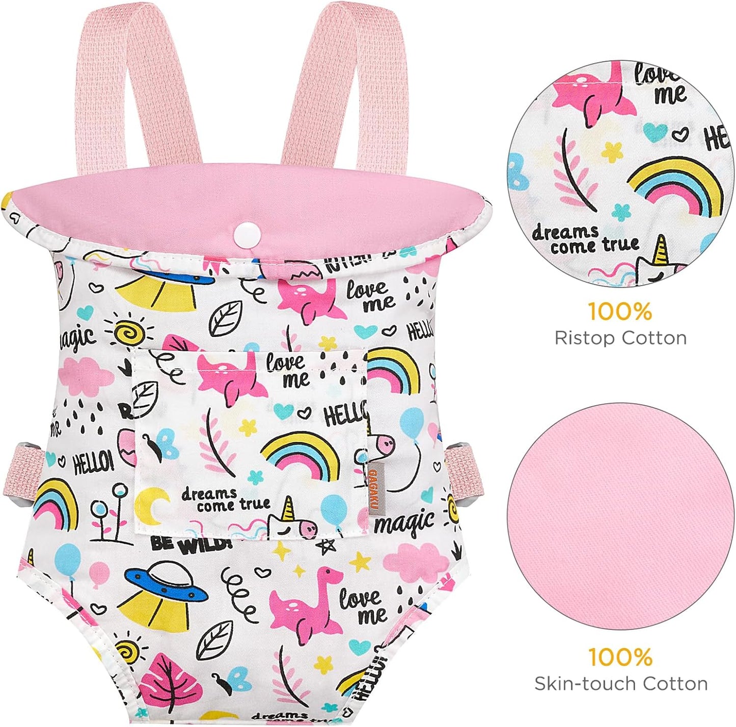 GAGAKU Baby Doll Carrier for Little Girls, Reborn Doll Accessories for Toddlers 3+ Years Old, Kids Toy Baby Dolls Sling Carrier - Pink - Moonflower