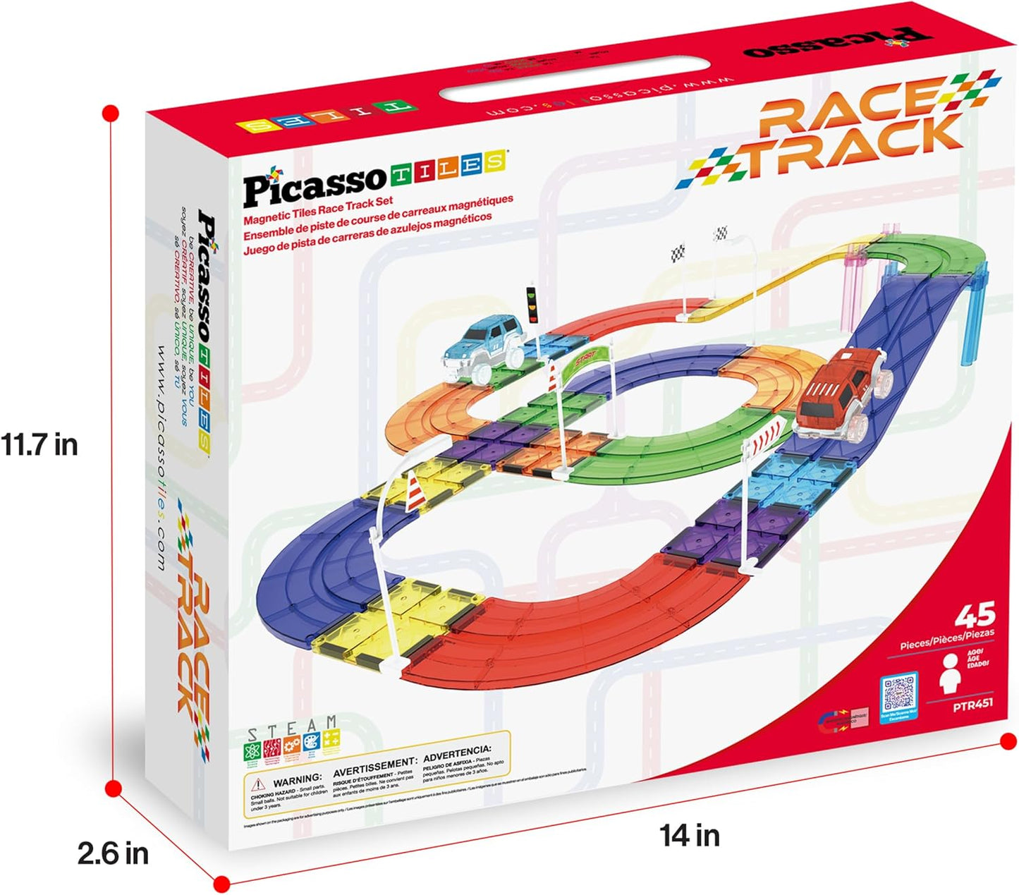 PicassoTiles 121pc Magnetic Tile Race Track Marble Run Magnet Tiles 3-in-1 Playset Car Racing Construction Set STEM Learning Early Education Building Toy Cars for School Toddlers Boys Girls Ages 3+