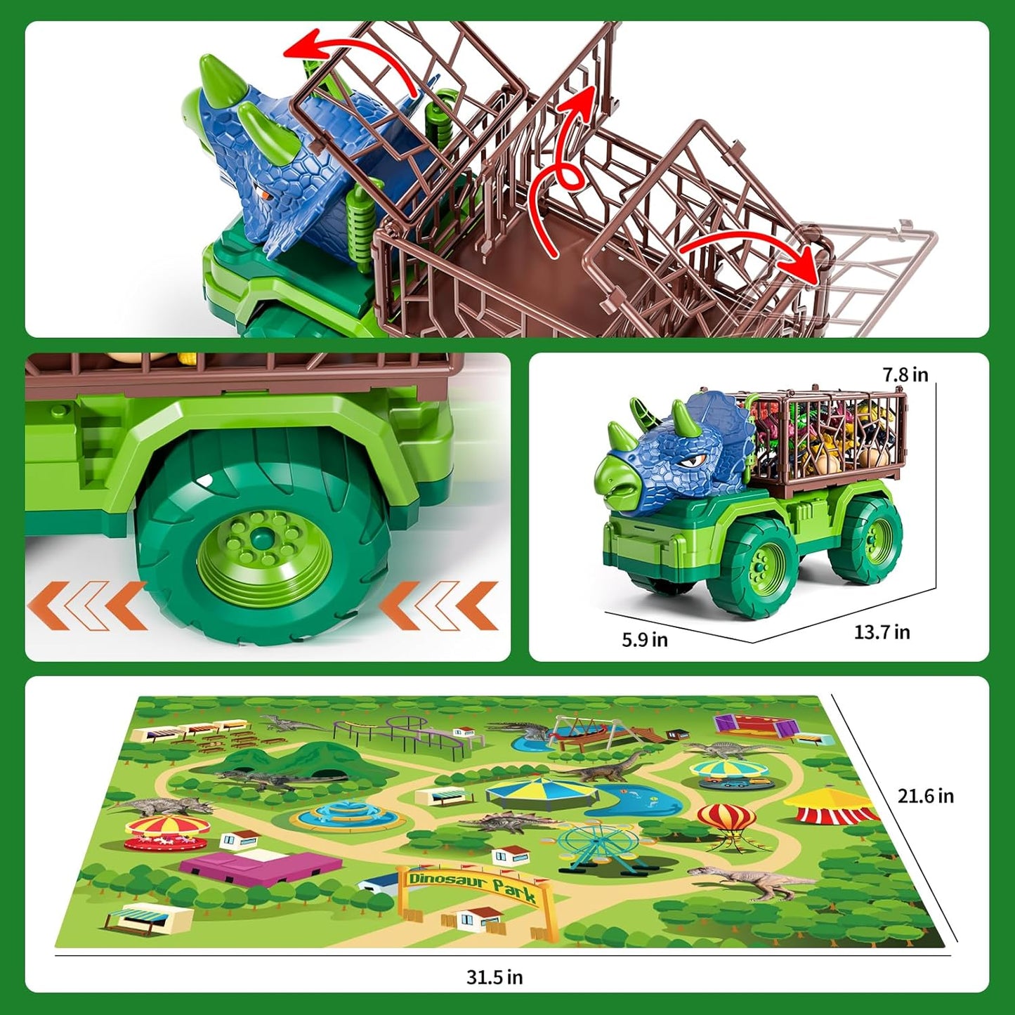 Dinosaur Truck for Kids 2-4, Dinosaur Action Figure Toys for Toddler 3-5 with 8 Dinosaur Figures, Play Mat, Egg, Tree, T-Rex Transport Car Carrier Birthday Gifts Toys for Boys 2 3 4 5 6 Year Old