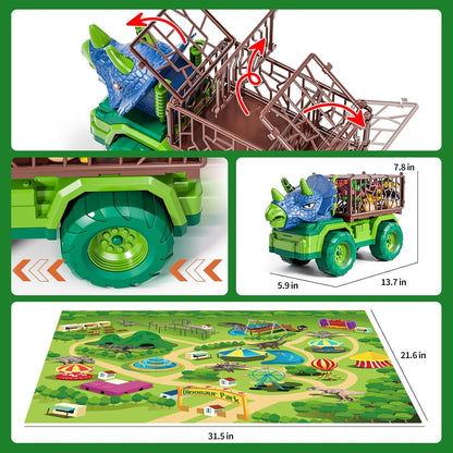 Dinosaur Truck for Kids 2-4, Dinosaur Action Figure Toys for Toddler 3-5 with 8 Dinosaur Figures, Play Mat, Egg, Tree, T-Rex Transport Car Carrier Birthday Gifts Toys for Boys 2 3 4 5 6 Year Old