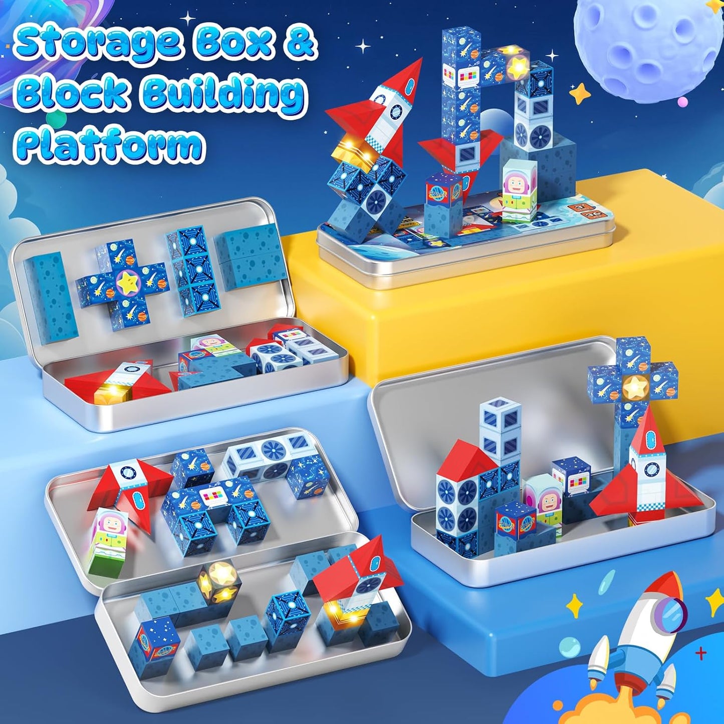 Magnetic Tiles Race Track Set, 52PCS STEM Educational Magnetic Building Blocks with 2 Race Cars, Montessori Sensory Travel Toys for Kids 3 4 5 6 7 8, Birthday for Boys & Girls
