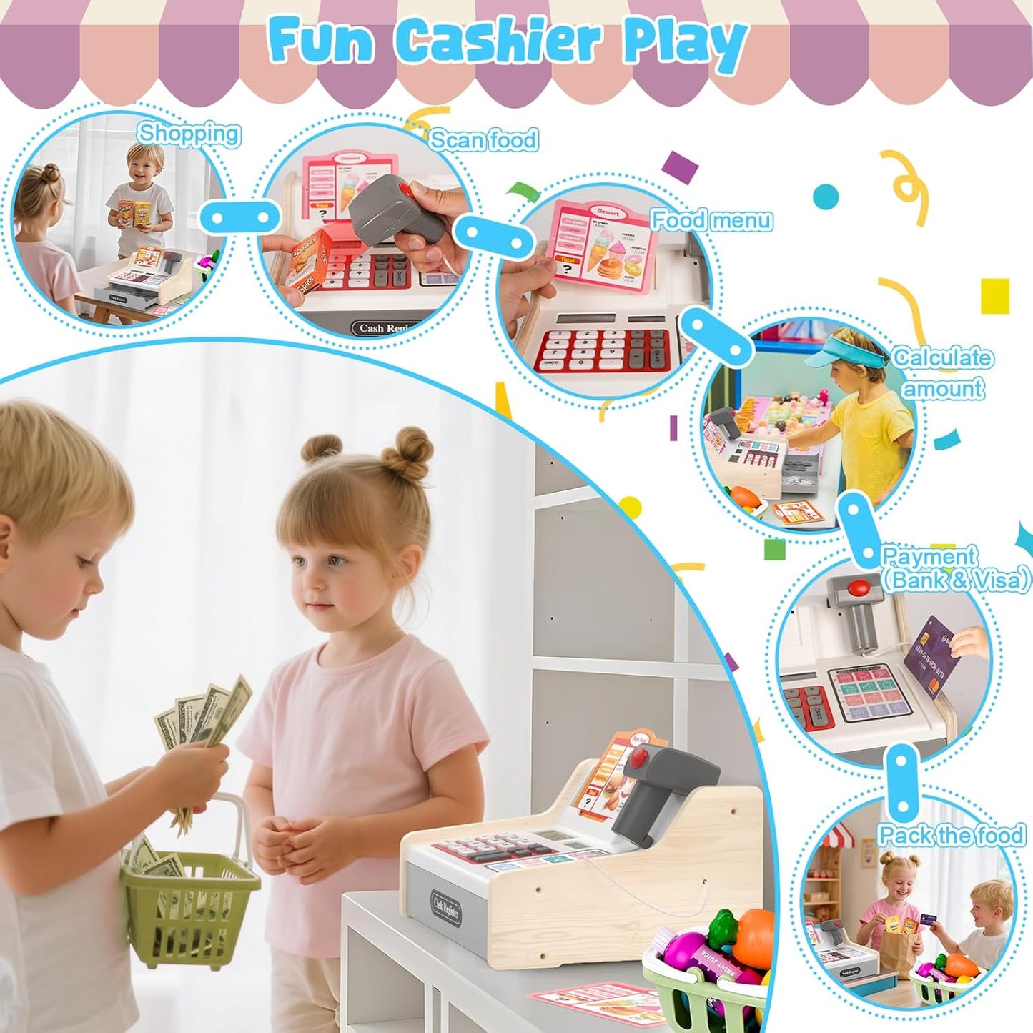 Kids Cash Register Toy Playset, Toddler Prentend Play Store with Real Calculator Cash Register with Scanner/Credit Card/Play Money/Food, Learning Toys for Boys Girls Toddlers(Pink)