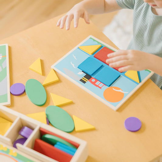 Melissa & Doug Beginner Wooden Pattern Blocks Educational Toy (5 Double-Sided Scenes and 30 Shapes, Great Gift for Girls and Boys - Best for 3, 4, and 5 Year Olds)