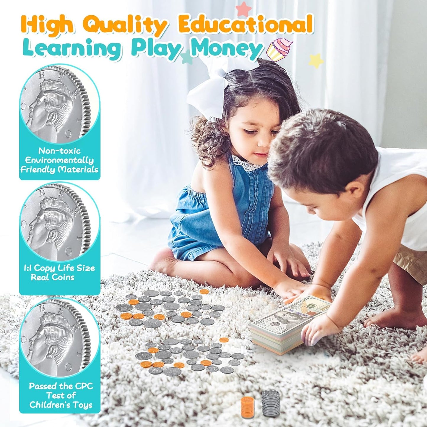 Quiet Flower Learning Pretend Play Coin, Copy Pretend Coins Toys for Kids, Prop Fake Coins and Banking Play Toys Set(200pcs)