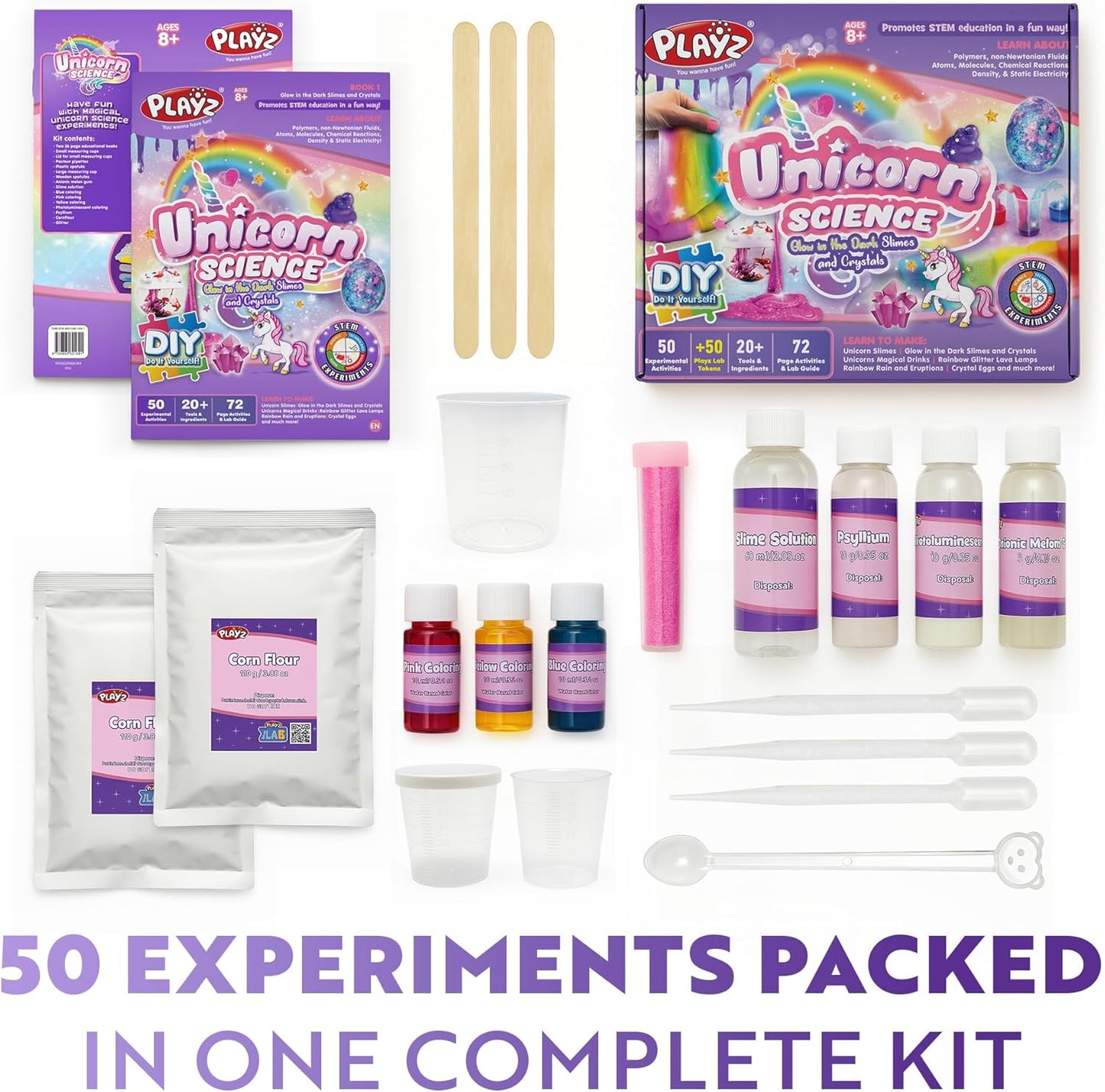 Playz Unicorn Slime & Crystals 100+ Science Experiments Kit Gift for Girls & Boys to Make Glow in The Dark Unicorn Poop, Snot, Fluffy Slime, Crystals, Putty, Arts & Crafts for Kids Age 8-12