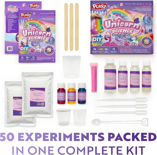 Playz Unicorn Slime & Crystals 100+ Science Experiments Kit Gift for Girls & Boys to Make Glow in The Dark Unicorn Poop, Snot, Fluffy Slime, Crystals, Putty, Arts & Crafts for Kids Age 8-12
