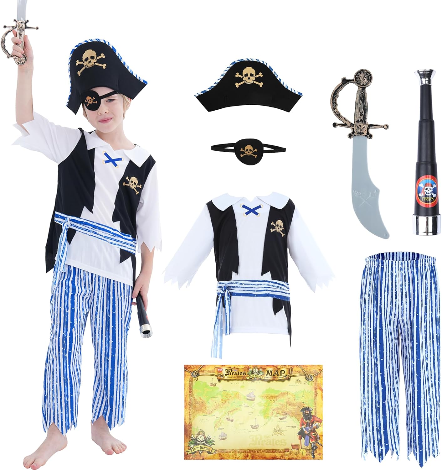 Wizland Kids Pirate Costume, 7Pcs Boys Pirate Outfit with Telescope, Treasure Map Eyepatch, Cutlass