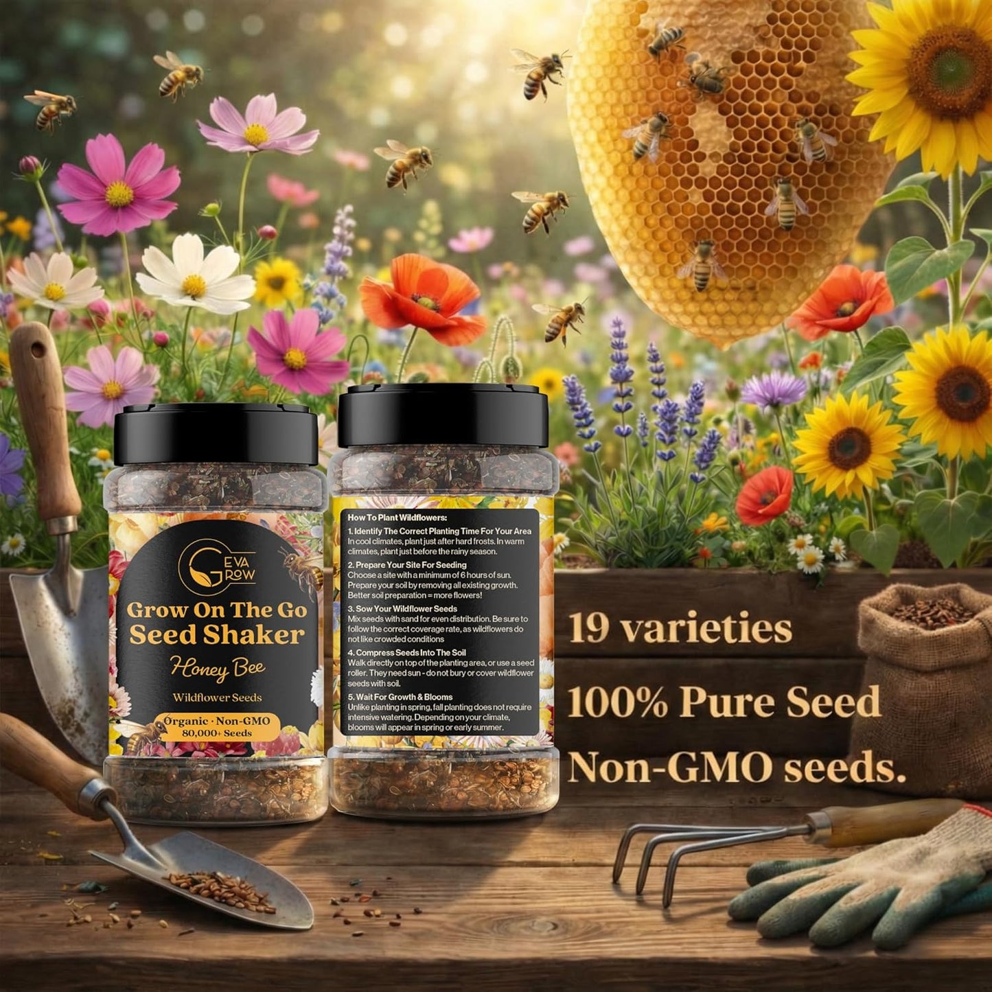 Mini Wildflower Seed Shaker - Save The Bees Seed Mix, by GevaGrow | 80,000+ Seeds | Pollinator & Bee Attracting Flower Seeds Bulk for Planting in Pots & Outdoor Gardens | 2 Ounce