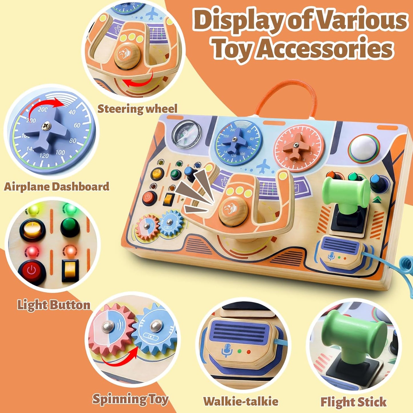 Montessori Busy Board for Toddlers 2-4,Wooden Sensory Steering Wheel Toys with LED Light Switch,Travel Toy Educational Fidget Activity Board for Boys and Girls Gift