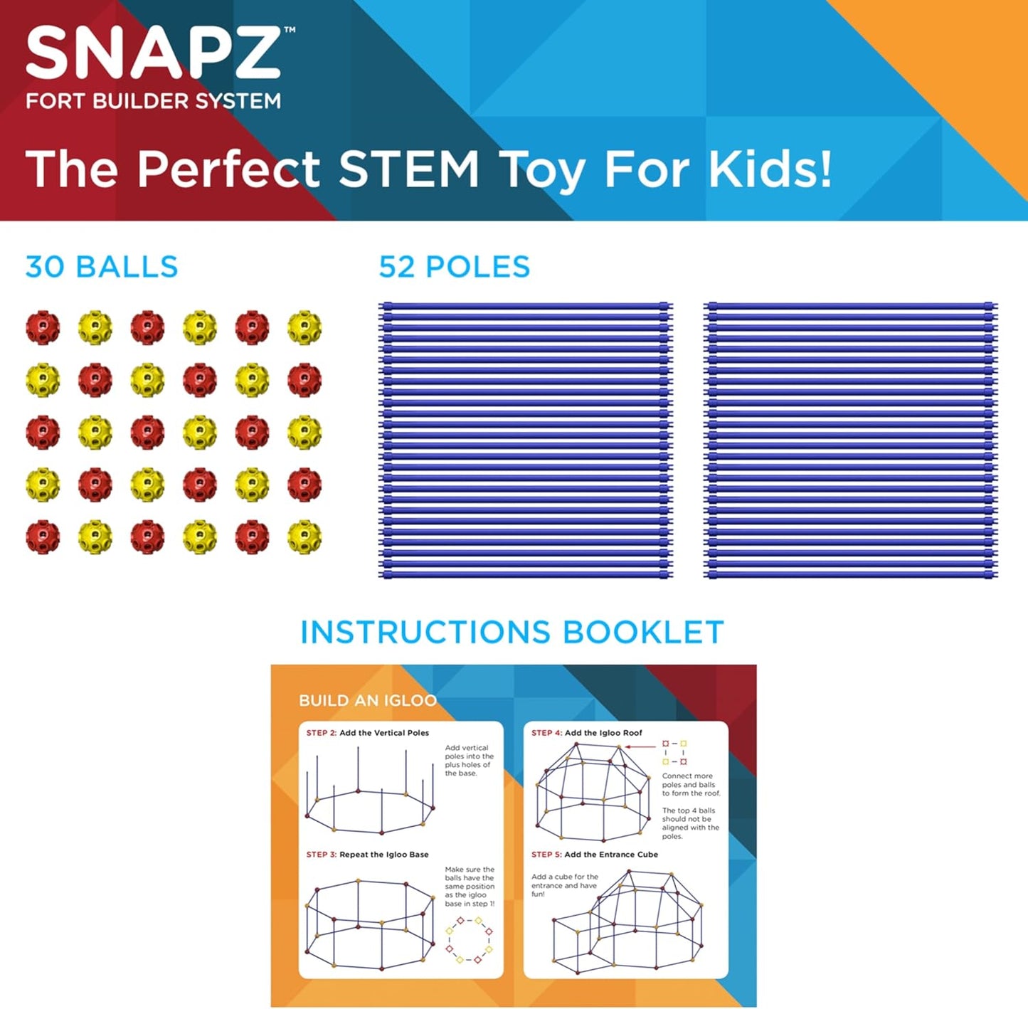 SNAPZ Ultimate Fort Builder Kit for Kids 8-12 - Sturdy Fort Building Kit for Kids 4-8 - Make & Build Ball & Stick Fort Set - Indoor STEM Tent Fort Making Toy