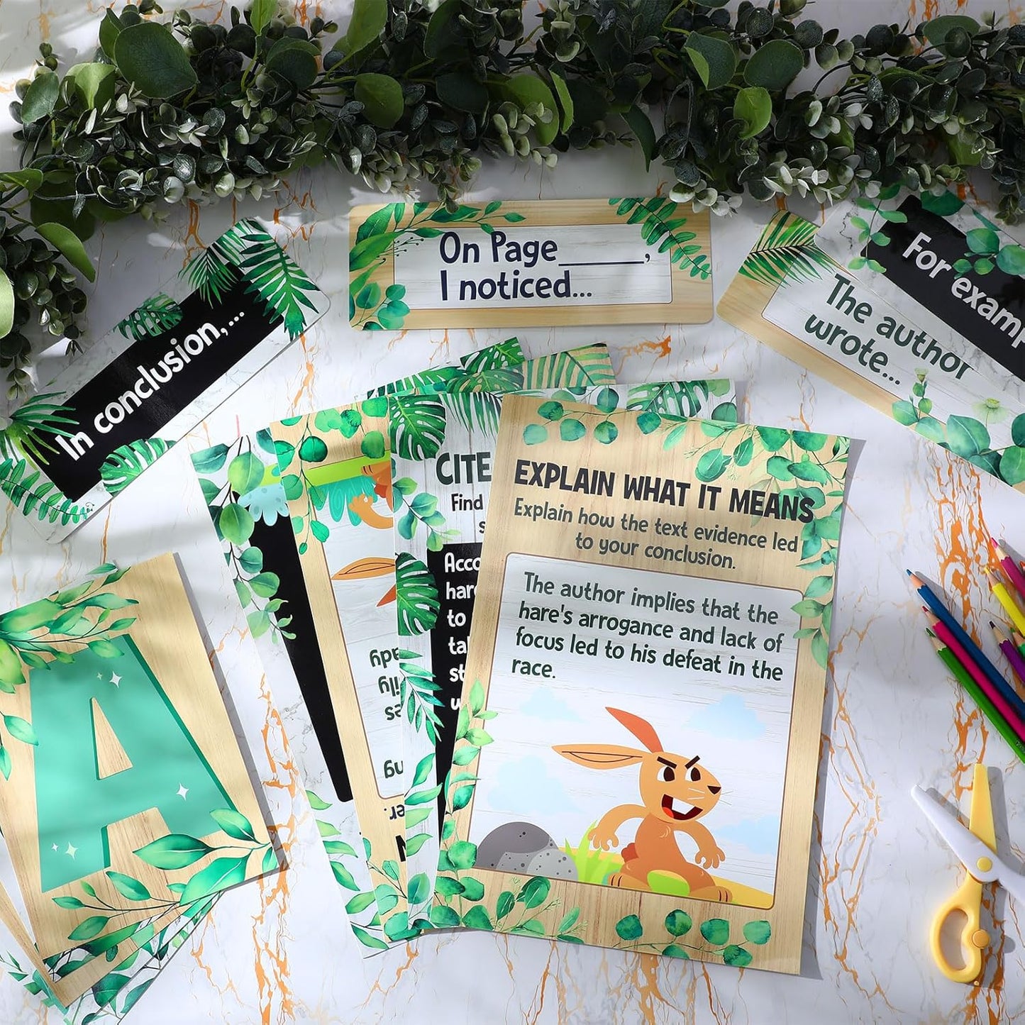 Outus 36 Pcs RACES Writing Strategy Bulletin Board Set, Alphabet Cutout Poster Sentence Starters Cards for Elementary School Classroom, Writing Display Wall Decoration Teacher Supply(Greenery)