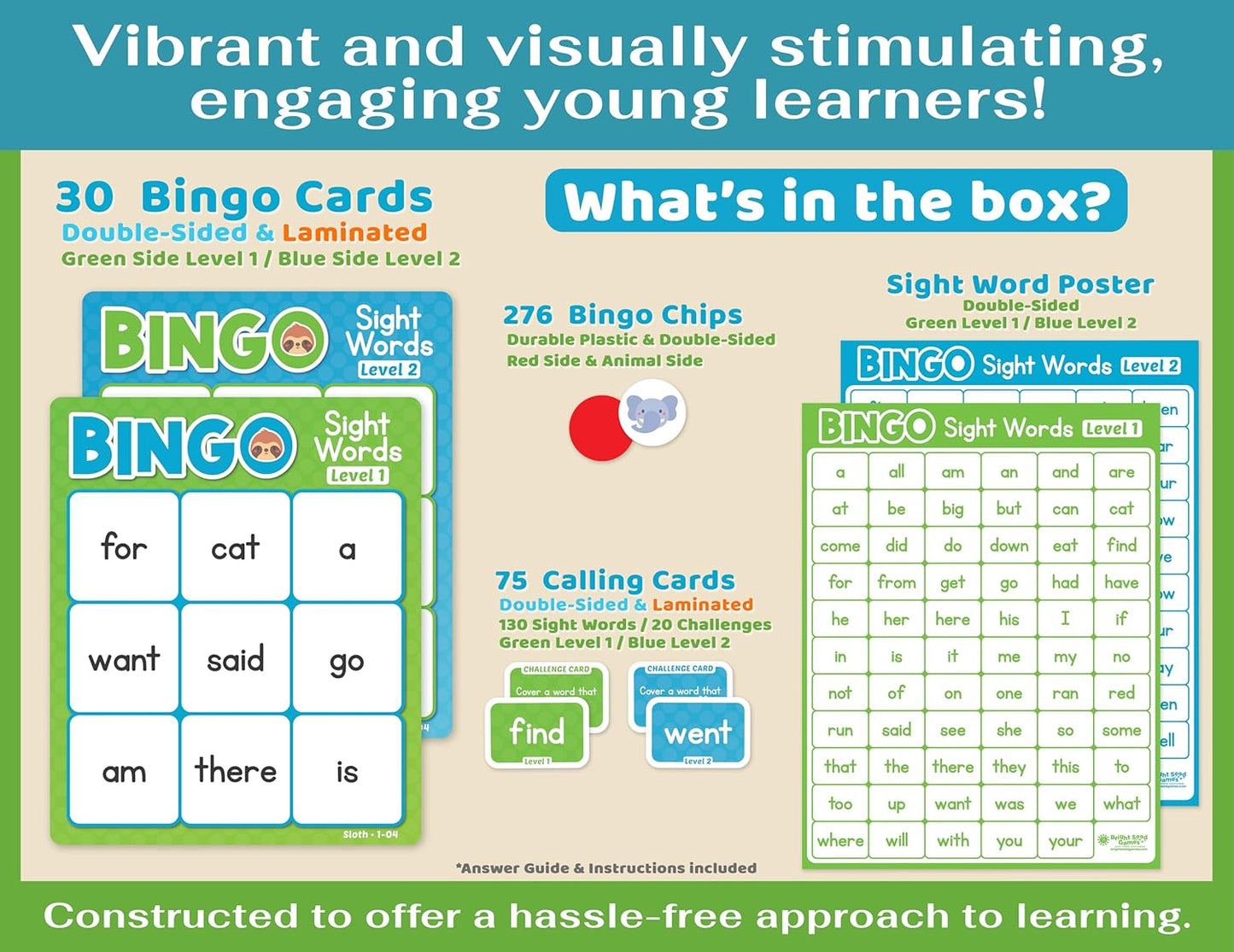 Bright Seed Sight Words Bingo Game for Kindergarten, Learn to Read Sight Word Cards, Word Games for Kids Ages 4-8, Bingo Sight Words Level 3&4, Laminated for Easy Clean
