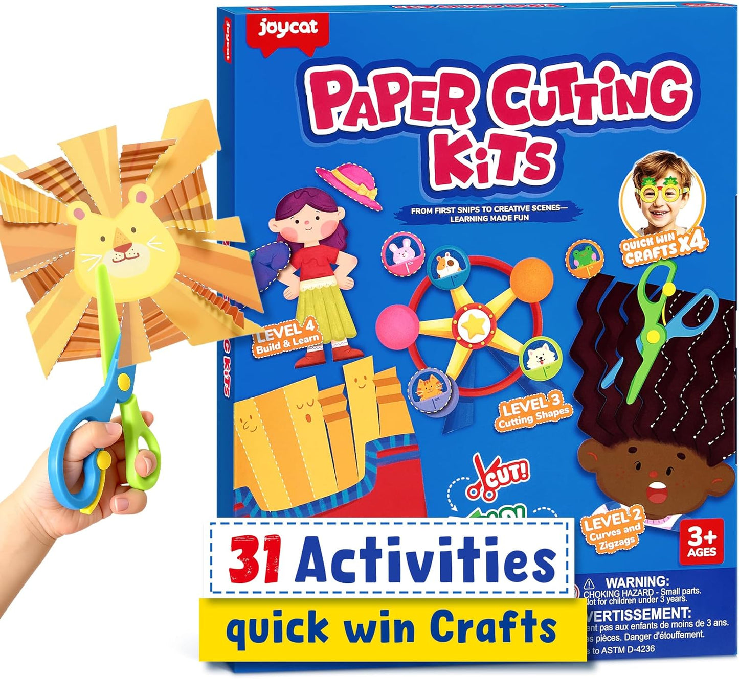 Toddler Scissor Skills Activity Book, 4 Progressive Levels to Learn Cutting for Kids Ages 3-6, 31 Fun Crafts with Child-Safe Scissors, Develop Fine Motor Skills, Ideal Christmas Gift & Arts and Crafts