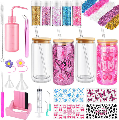 kiddgroo Snow Globe Tumbler Supplies, 25 Pcs DIY Snowglobe Cup Set– Includes 16oz Double-Wall Acrylic Tumbler, Cup Cradle, UV DTF Wraps, Craft Glitter & DIY Tools,Mothers Day Gifts