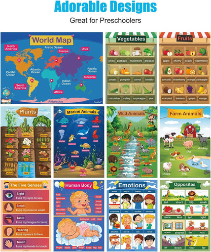 35 Pcs Laminated Educational Posters for Toddlers & Elementary Kids (Ages 3-10) - A3 Size Water-Resistant Dry Erase Learning Charts Set with Alphabet, Numbers, World Map, Foam Dots Included
