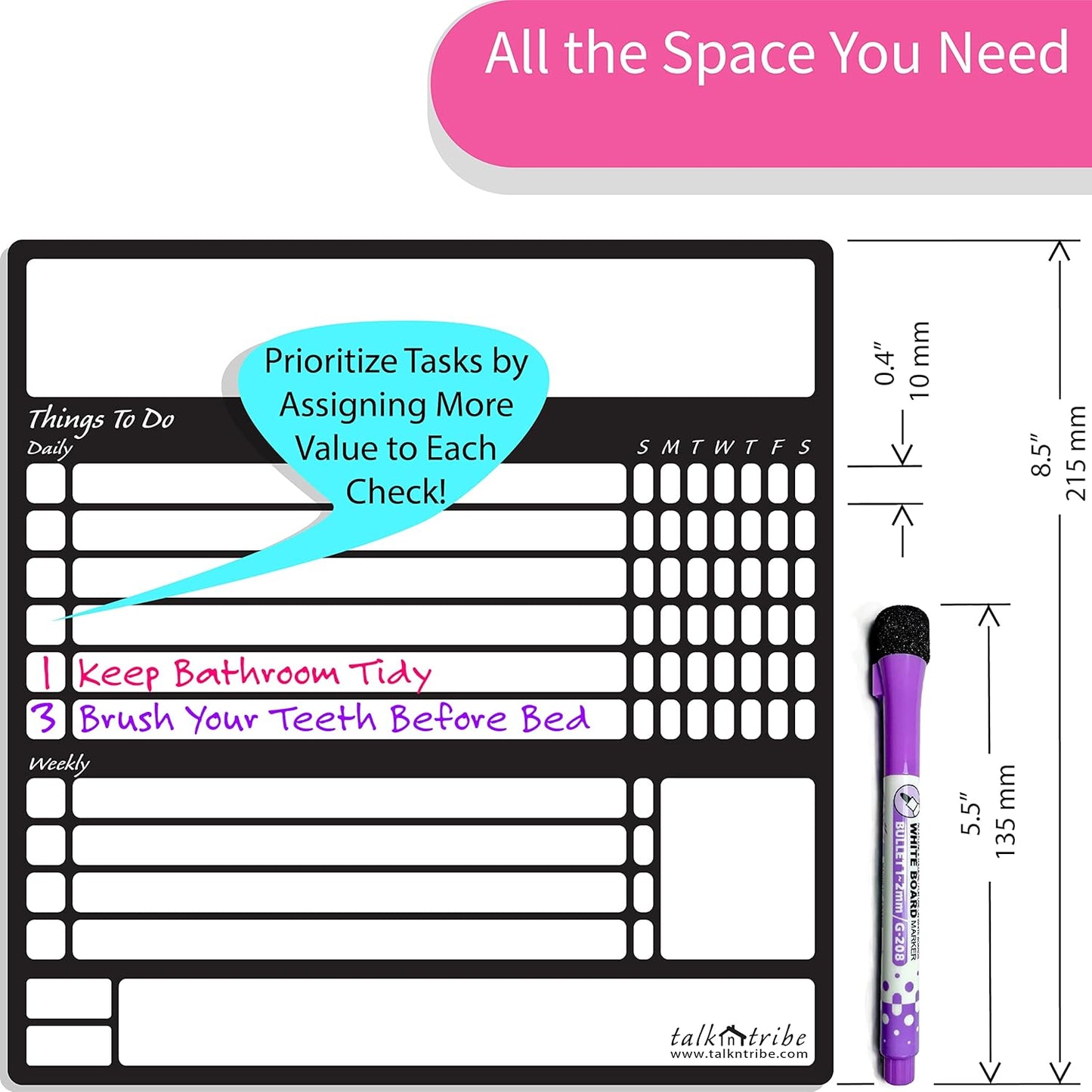 Reusable Peel and Stick Whiteboard for Adult and Teen Chores. (2 Pack with Fine Tip Pens)