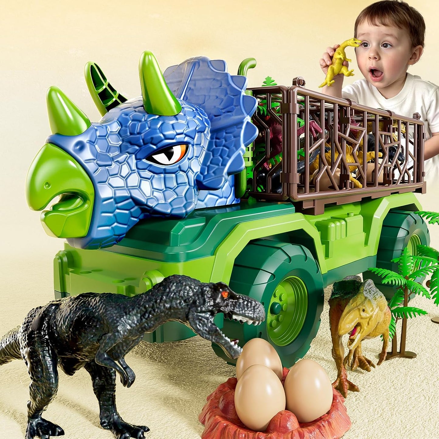 Dinosaur Truck for Kids 2-4, Dinosaur Action Figure Toys for Toddler 3-5 with 8 Dinosaur Figures, Play Mat, Egg, Tree, T-Rex Transport Car Carrier Birthday Gifts Toys for Boys 2 3 4 5 6 Year Old