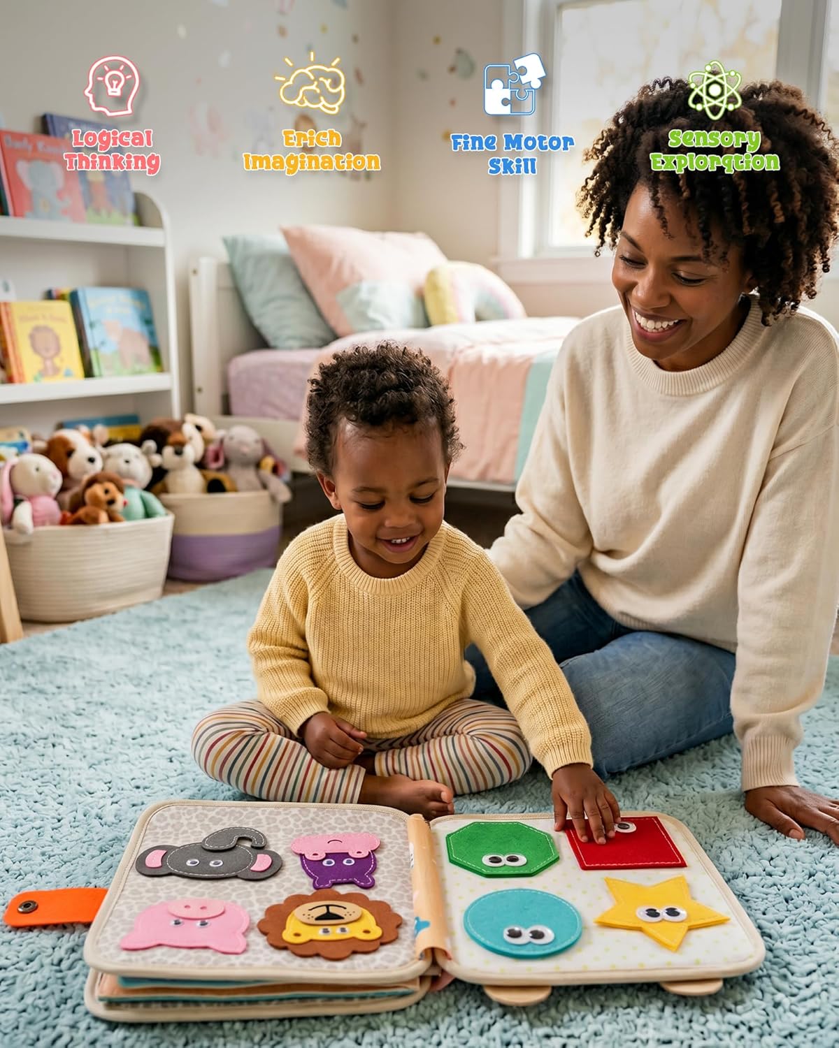 Montessori Busy Book for Toddlers, 8-Page Sensory Activity Book for Fine Motor Skills & Basic Dress Learning, Portable Travel Toy for Preschool Kids, Birthday Gift for Boys and Girls (Blue)