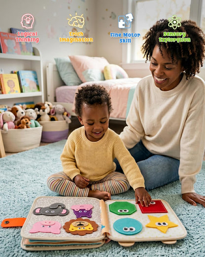 Montessori Busy Book for Toddlers, 8-Page Sensory Activity Book for Fine Motor Skills & Basic Dress Learning, Portable Travel Toy for Preschool Kids, Birthday Gift for Boys and Girls (Blue)