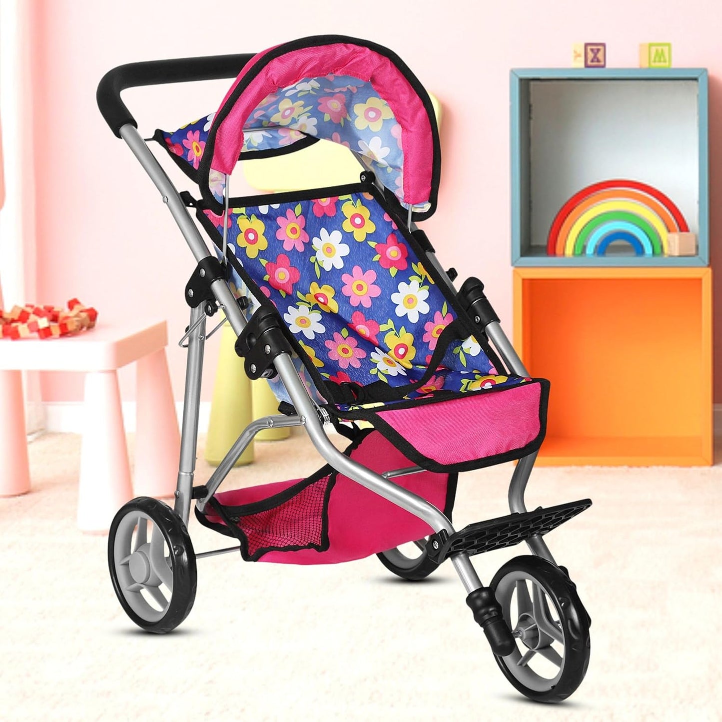 Fash N Kolor - Baby Doll Stroller with Adjustable Canopy & Toy Storage Basket - Foldable Baby Stroller for Pretend Play - Denim Pink,
