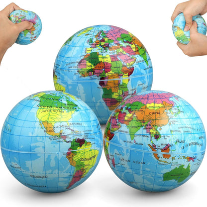 Umnodobn Mini Earth Soft Squishy Ball 3 Pack - 3.7 Inch Foam Globe Stress Balls for Boys Girls- Educational Geography Squishies Toys- Squeeze Sensory Learning Toy World Map for Kids Adults