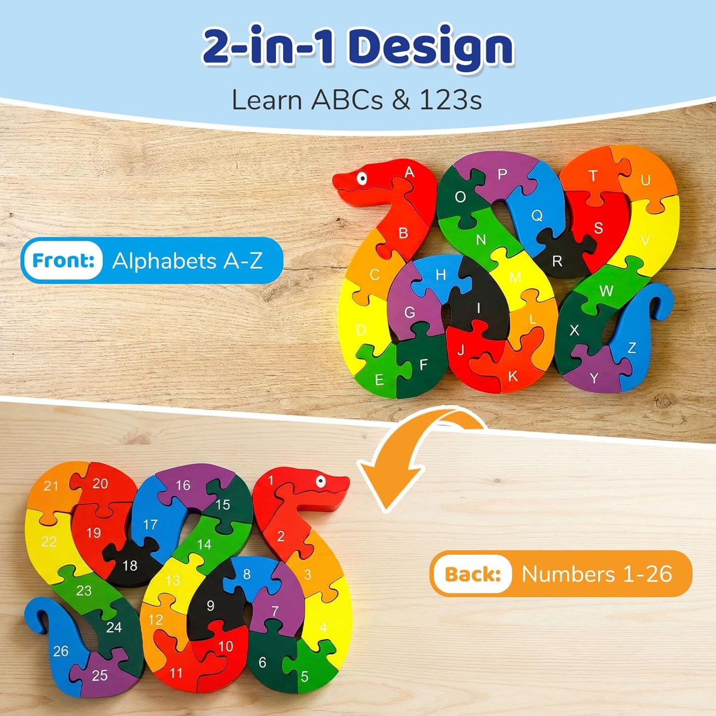 LovesTown Wooden Puzzles for Kids, Double Sided Giraffe Jigsaw with Alphabet & Numbers, Montessori Educational Toy for Toddlers, Chunky Animal Gift