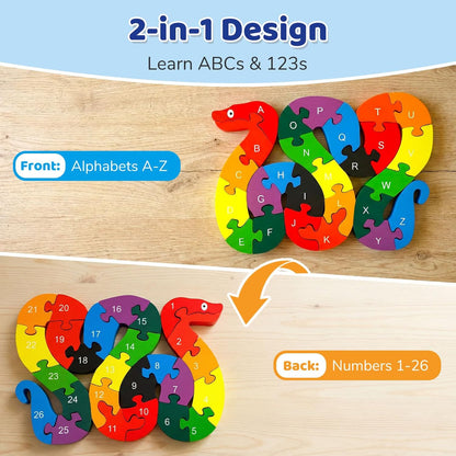 LovesTown Wooden Puzzles for Kids, Double Sided Giraffe Jigsaw with Alphabet & Numbers, Montessori Educational Toy for Toddlers, Chunky Animal Gift