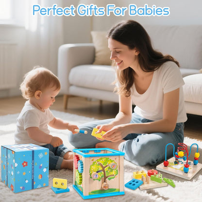 WOODMAM Wooden 7-in-1 Activity Cube| Montessori Toys for 1 Year Old Toddlers| Baby Educational Developmental Toys |One Year Old Boys Girls First Birthday Gifts |Bonus Sorting & Stacking Board