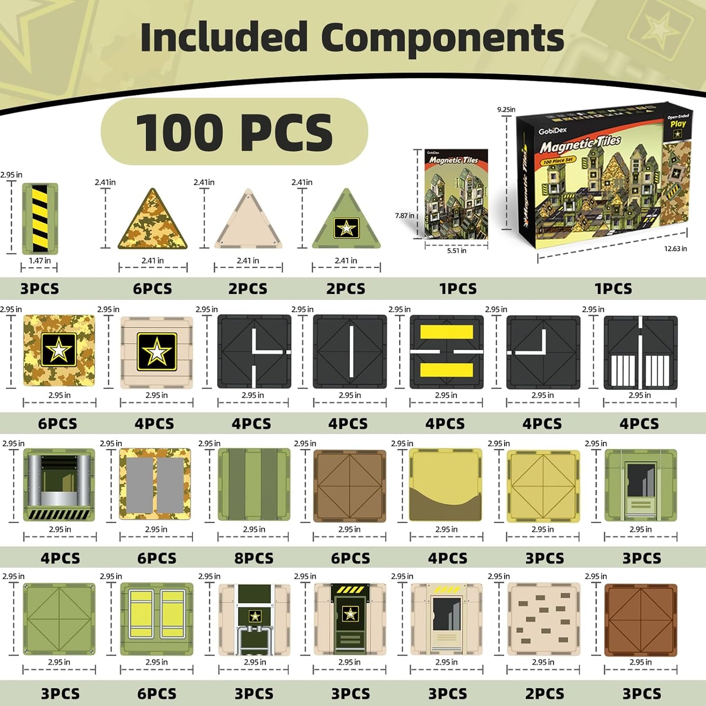 GobiDex 100PCS Army Magnetic Tiles Building Set for Kids, STEM Military Magnetic Building Blocks with 6 Magnetic Army Men, Educational Construction Toys Gift for Boys Girls 3 4 5 6 7 8 9+ Year Old