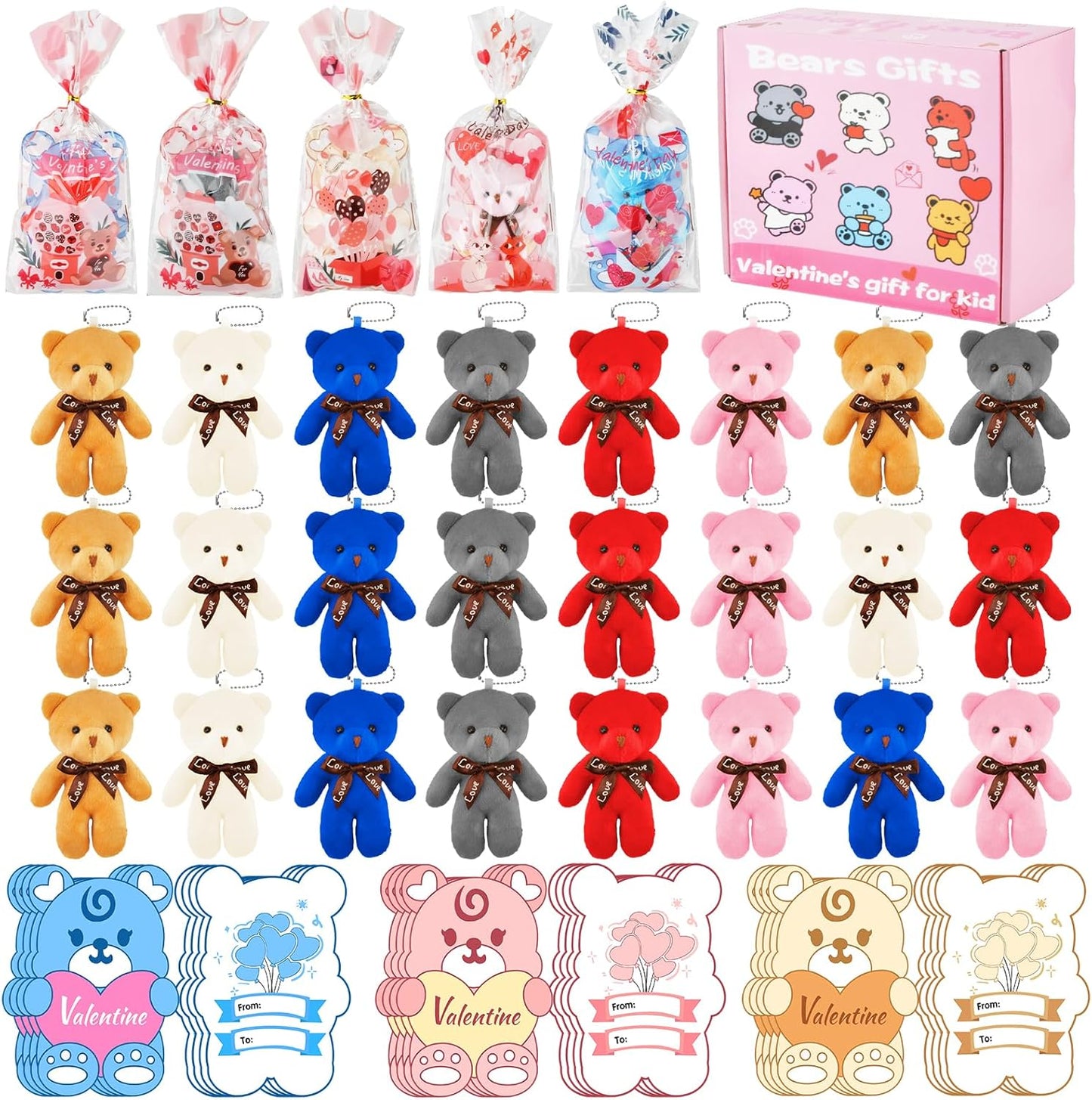 24 Pcs Valentine's Day Gift Mini Plush Bear Toys with Bear-Shaped Cards, 4.7 Inch Stuffed Animal Dolls for Keychain DIY, Kids Classroom Birthday Party Favors Classroom Exchange Prize Supplies