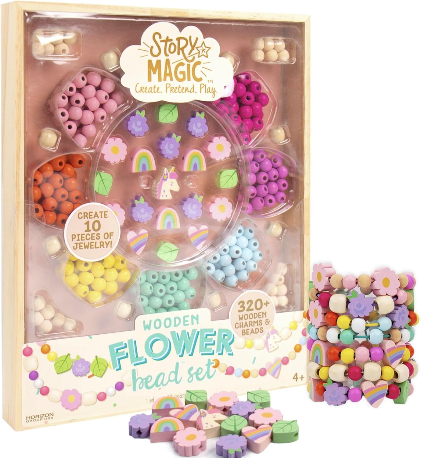 Story Magic Wooden ABC Beads by Horizon Group USA, Premium Wood Jewelry Making Kit, Makes 10+ Pieces of Jewelry, Over 350 Wooden Beads & Charms