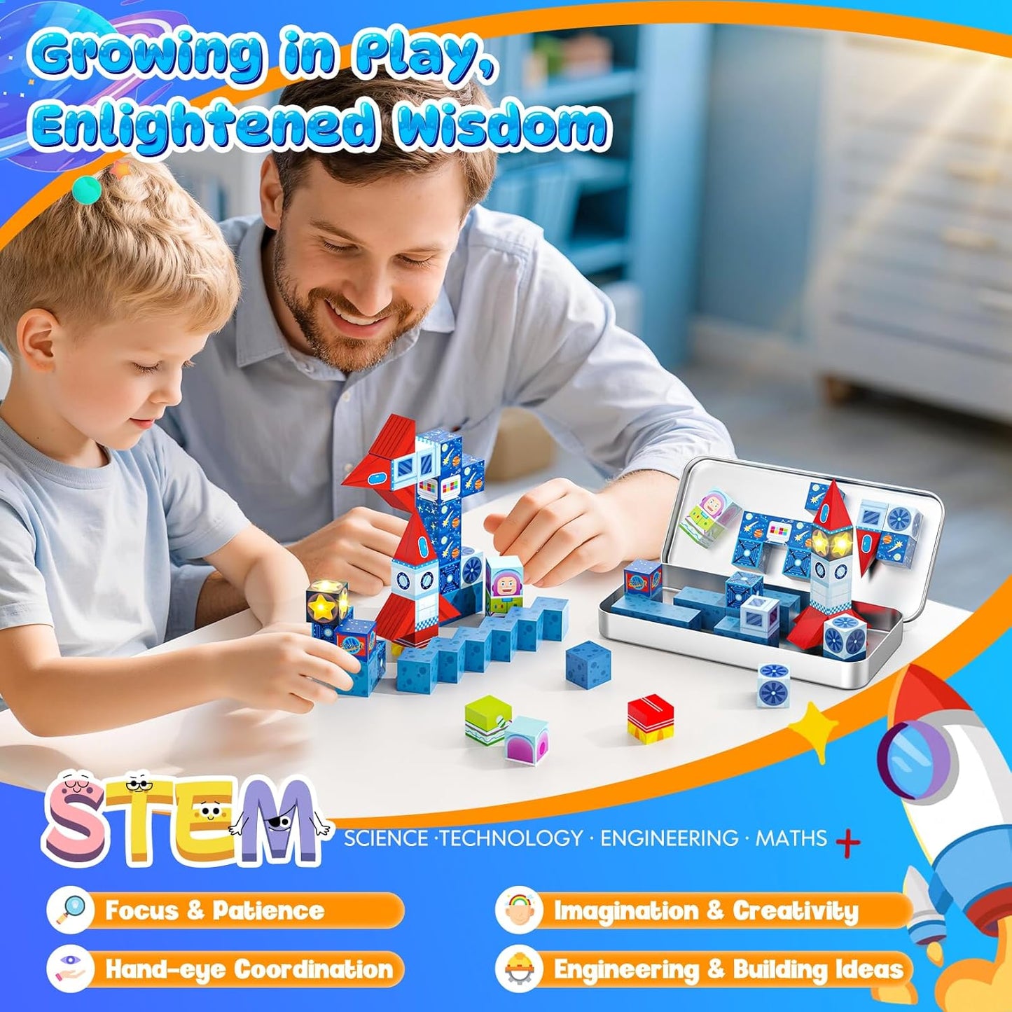 Magnetic Tiles Race Track Set, 52PCS STEM Educational Magnetic Building Blocks with 2 Race Cars, Montessori Sensory Travel Toys for Kids 3 4 5 6 7 8, Birthday for Boys & Girls