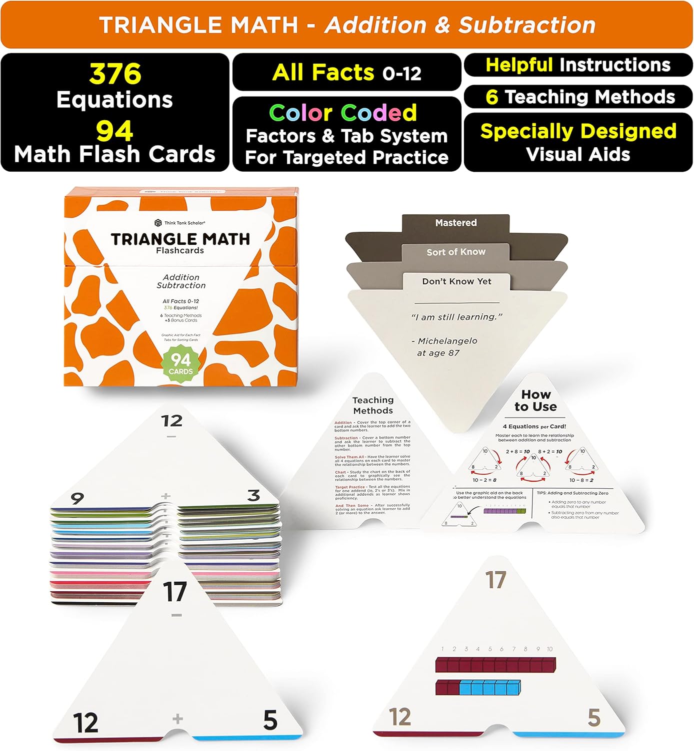 Think Tank Scholar 346 Addition and Subtraction Flash Cards Set (Award Winning) All Facts Color Coded, for Kids in Kindergarten, 1st, 2nd, 3rd Grade Class or Homeschool - Games & Chart