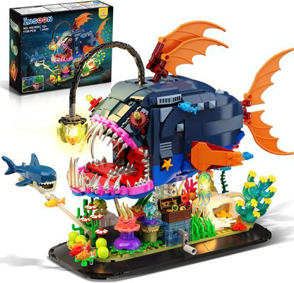INSOON Mechanical Angler Fish Building Set with Lights, Movable Lantern Fish Building Blocks Toy with Shark Jellyfish, 1139 PCS Ocean Animal Building Kit, Home Decor Gift for Adults Teens Boys 12+