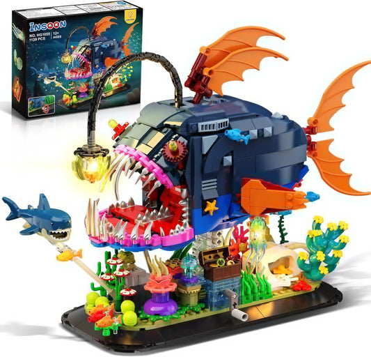 INSOON Mechanical Angler Fish Building Set with Lights, Movable Lantern Fish Building Blocks Toy with Shark Jellyfish, 1139 PCS Ocean Animal Building Kit, Home Decor Gift for Adults Teens Boys 12+