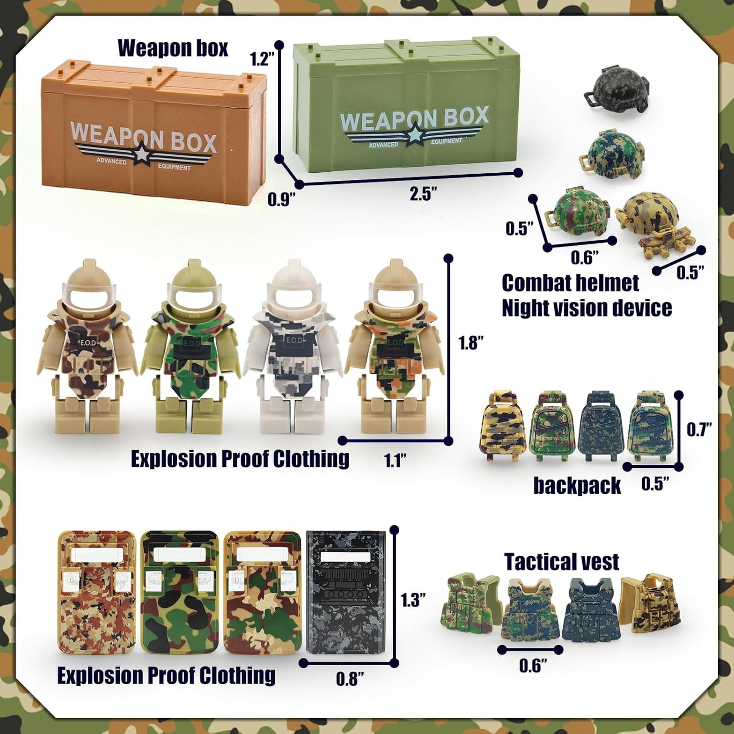 Military Minifigure Camouflage Accessories Set with Weapon Boxes, Army Weapons Guns Helmets E.O.D Suits Shields Tactical Gear Building Blocks Soldiers Kit for Kids Compatible with Major Brands