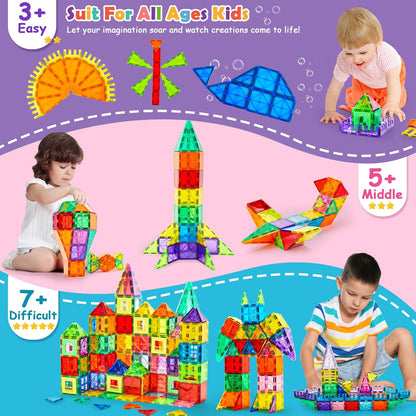 Dopyye 132 PCS Magnetic Tiles Building Blocks with 2 Cars, STEM Educational Construction Montessori Toys for Kids Ages 3 4 5 6 7 8 9, Magnet Building Set Gift for Boys Girls