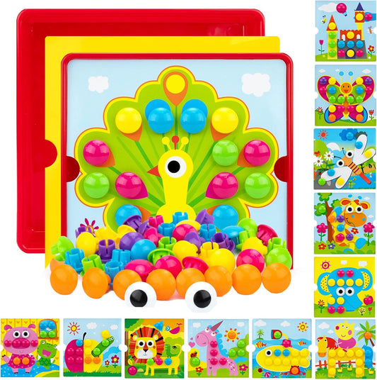 Button Art Toys for Toddlers 3-5 Years Old,Educational Color Matching Mosaic Pegboard & Fine Motor Skills Game,Early Preschool Learning Crafts Activity for Boys & Girls,Gifts for Kids Ages 3+