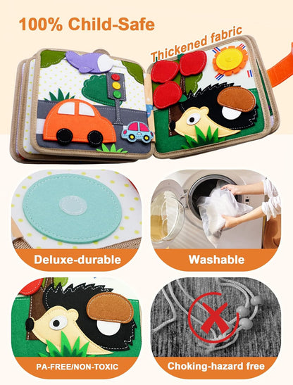 BizyKoady Busy Book for Toddlers 1-3, Montessori Toys for 1 Year Old, Kids Travel Toys, Educational Activity Book, Birthday Gifts for Boys & Girls, Washable Felt Busy Board, Giraffe