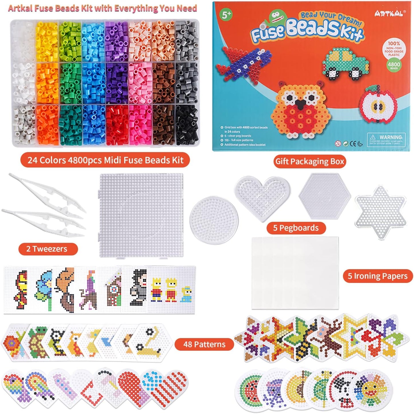 ARTKAL Fuse Beads Kit 4800pcs 24 Colors 5mm Iron Beads Kit with 5 Pegboards 55 Patterns 2 Tweezers 2 Ironing Paper, Great for Christmas Birthday